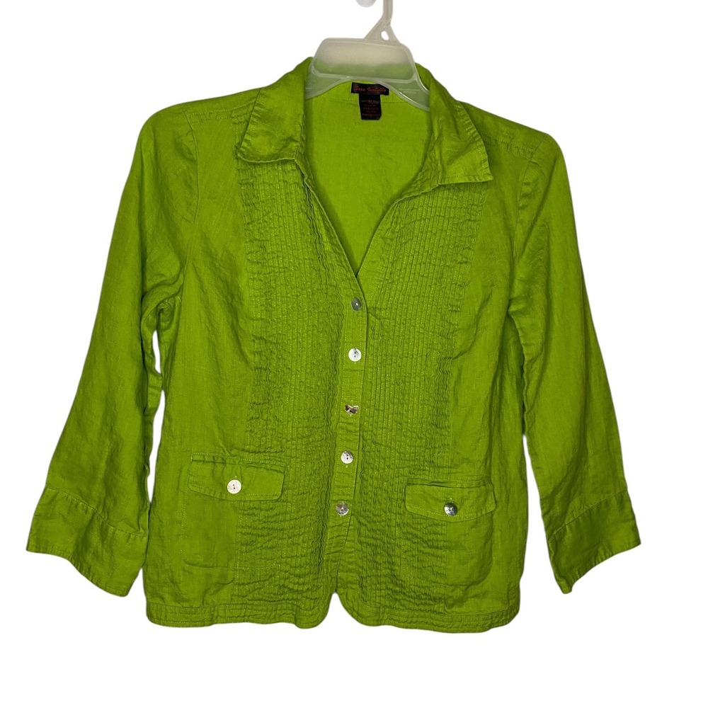 Sara Isabella Womens Linen Lime Green Pin Tucked Button Down Shirt Jacket Medium